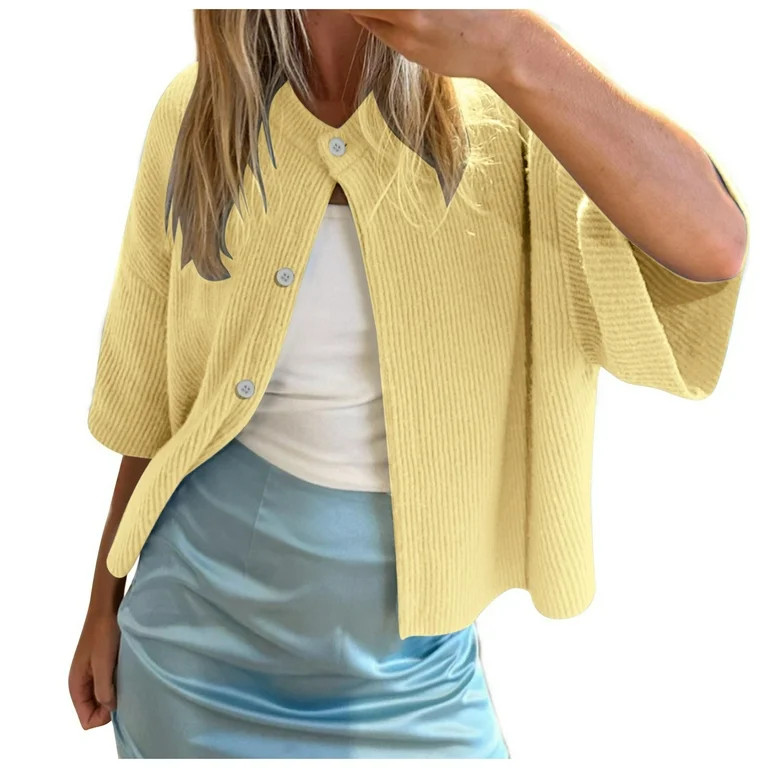 Cardigan Sweaters for Women Trendy Button Down Short Sleeve Crew Neck Lightweight Sweater Spring ... | Walmart (US)