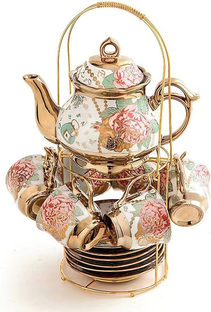 CHANJOON Gold Plated Red Rose Ceramic Tea Set, Vintage Tea Set with Teapot, Beautiful Tea Set Cof... | Amazon (US)