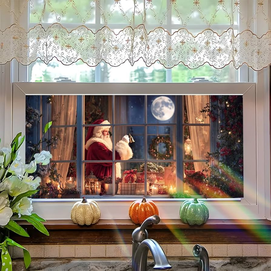 Window Film 39.37 x 17.32 Inch Santa at Christmas Window Night Scene Decorative Holiday Window Cl... | Amazon (US)