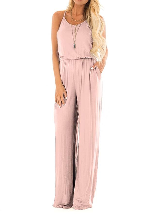 Adreamly Women Casual Loose Sleeveless Open Back Wide Leg Pants Romper Jumpsuits Pockets | Amazon (US)