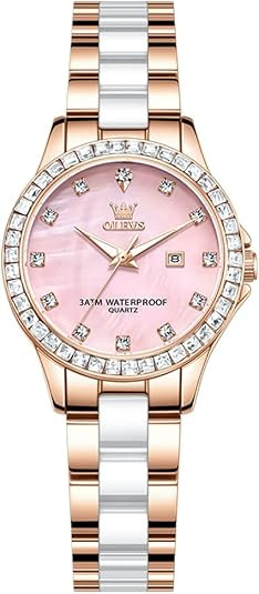 OLEVS Women Diamond Watch Elegant Luxury Dress Watch Women's Rose Gold Ceramic Crystal Wristwatch | Amazon (US)