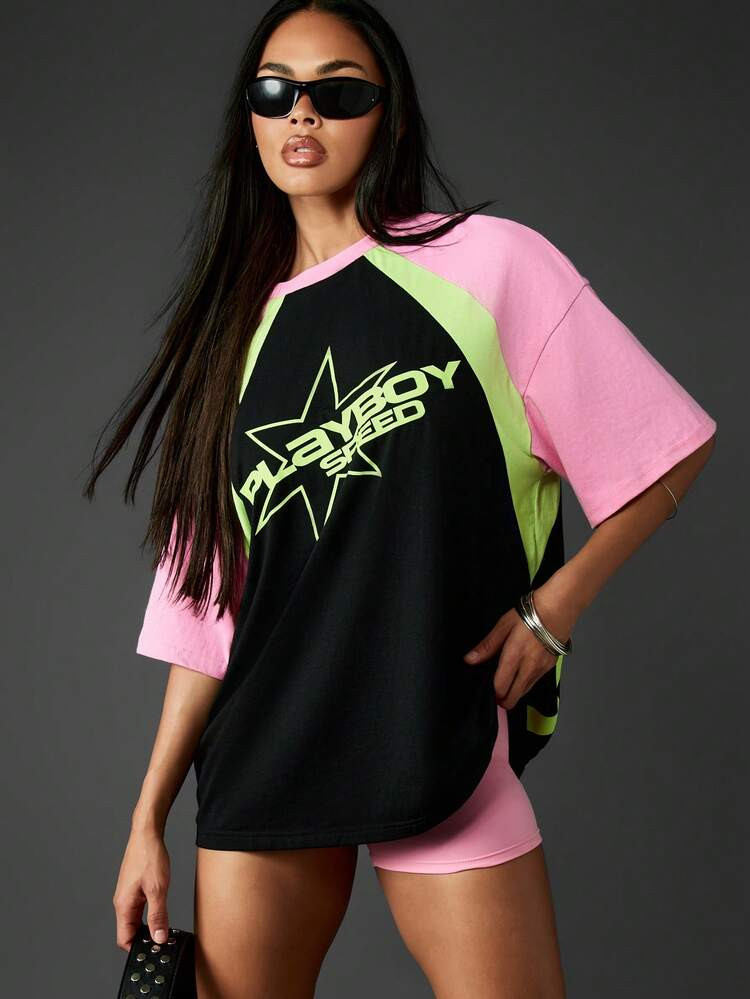 Missguided X Playboy Colorblock Oversized T-Shirt With Graphic Print Short Sleeves Spring Summer Casual Top | SHEIN