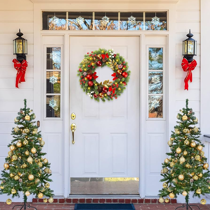 Sggvecsy 17 Inch Artificial Christmas Wreath for Front Door with 20 LED Lights Pine Needles Christmas Balls Red White Berries Pine Cones Bows Decoration for Winter Wall Outdoor Home Holiday Xmas Decor | Amazon (US)