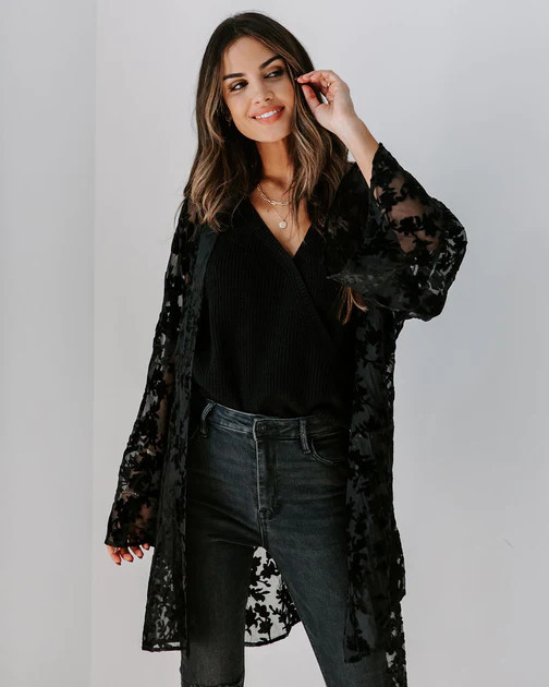Divine Dreams Burnout Velvet Kimono Robe - Black - FINAL SALE | VICI