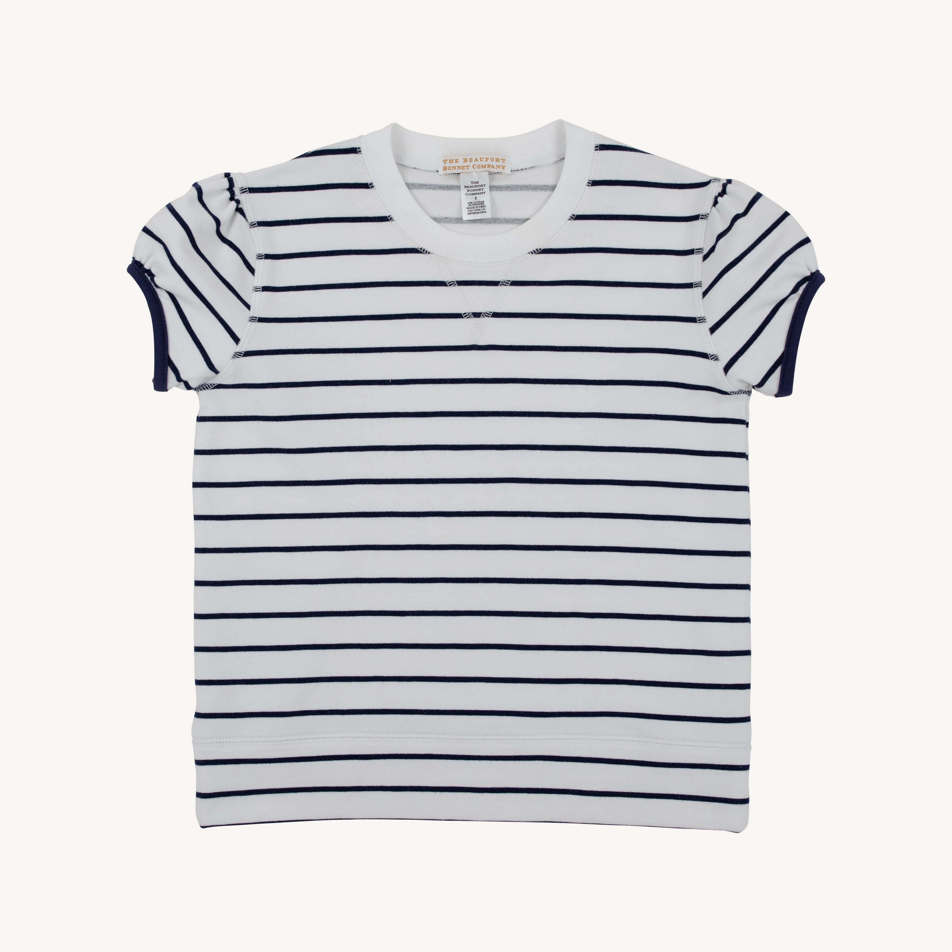 Short Puff Sleeve Cassidy Comfy Crewneck - Nantucket Navy Stripe | The Beaufort Bonnet Company