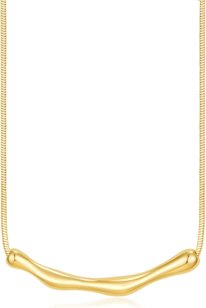 Gold Necklace for Women 14K Gold Plated Curved Bar Pendant Adjustable Snake Chain Collar Dainty M... | Amazon (US)