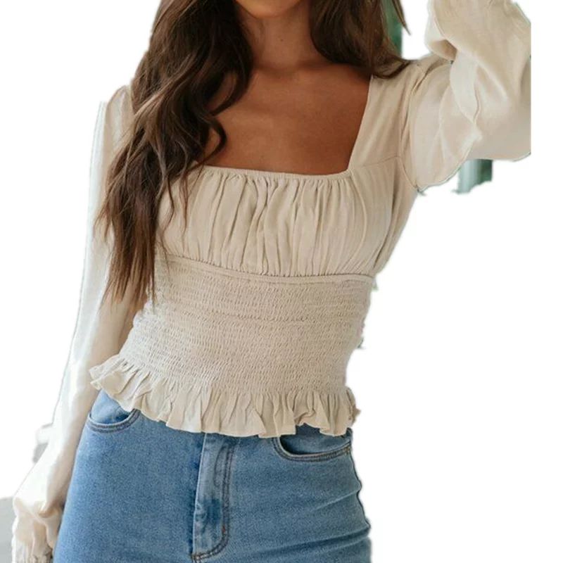 Fashion Women Cropped Tops Tee Square Neck Puff Long Sleeve Blouse Slim Fit Shirred Elastic Waist... | Walmart (US)