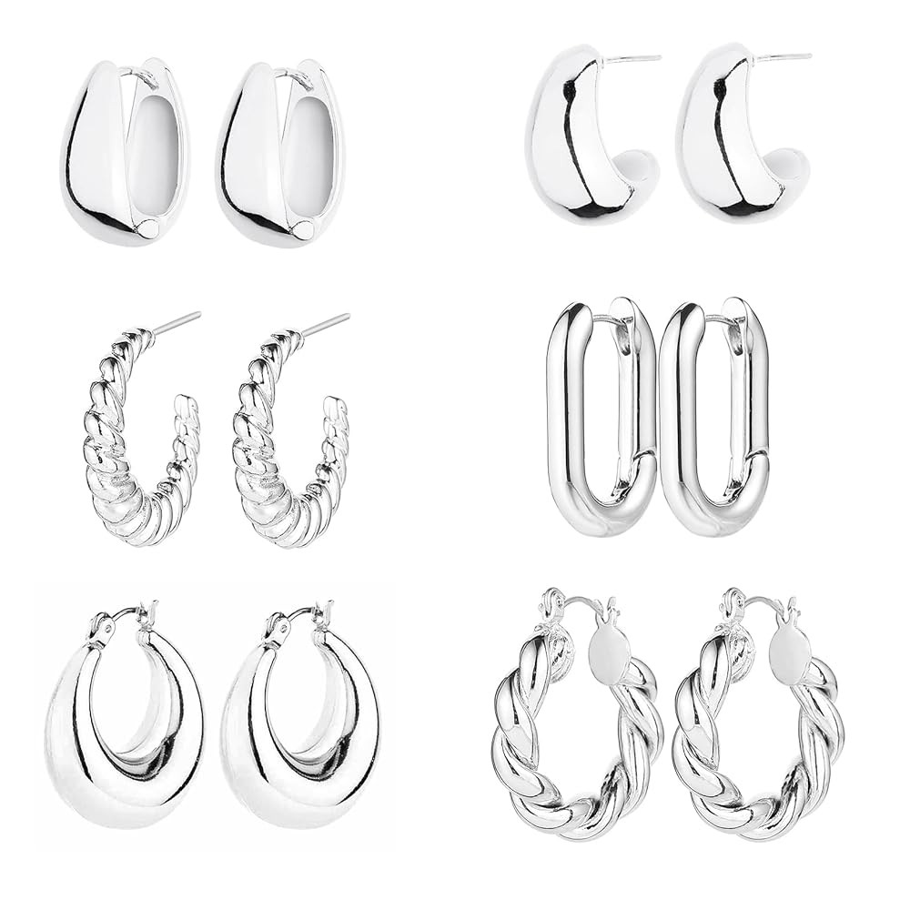 6 Pairs 14K Gold Hoop Earrings for Women Lightweight Chunky Hoop Earrings Multipack Hypoallergeni... | Amazon (US)