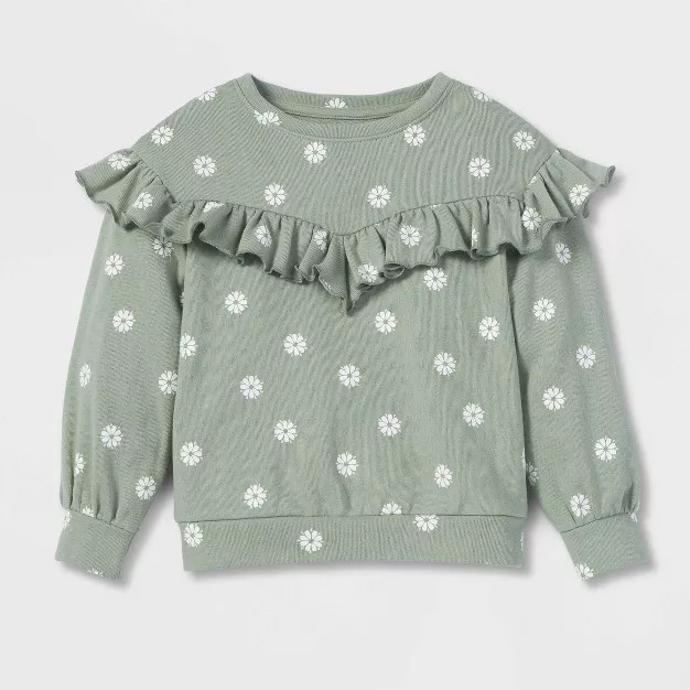 Grayson Collective Toddler Girls' Daisy Ruffle French Terry Sweatshirt - Sage | Target