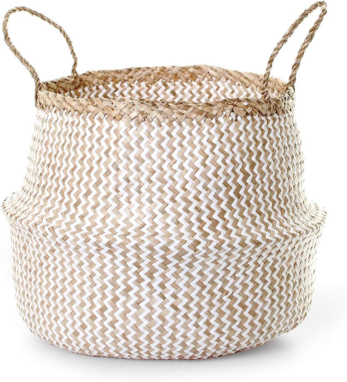 Natural Craft Seagrass Belly Basket White Zigzag Pattern Medium Size Storage Laundry, Picnic, Pla... | Amazon (US)