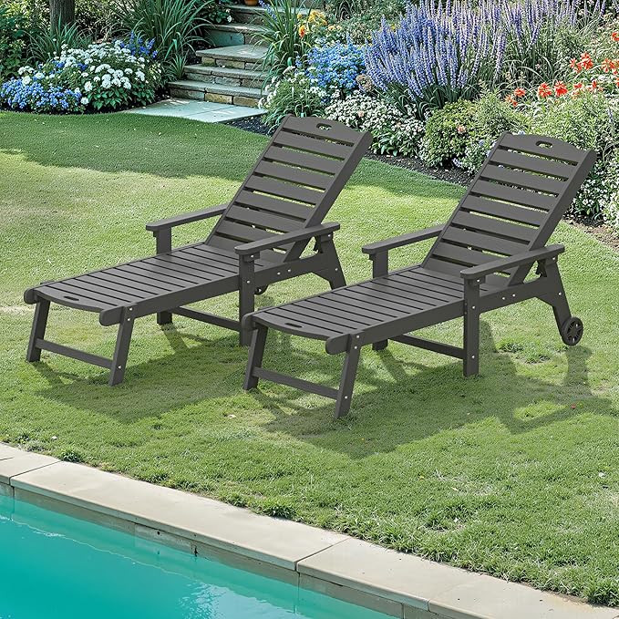 LUE BONA Lounge Chair Outdoor Set of 2, HDPS Chaise Lounge Outdoor with Wheels, 5 Positions Adjus... | Amazon (US)