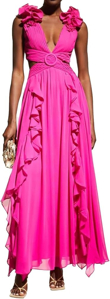 Pink Ruffle Dress Maxi Floral Backless Dress for Women Deep V Neck Sleeveless Dress Sexy Lace Up ... | Amazon (US)