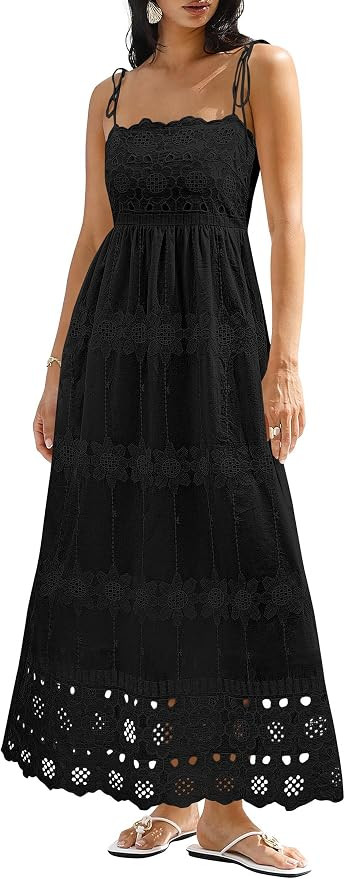 dowerme Womens Spaghetti Strap Eyelet Cotton Boho Maxi Dress | Summer Casual Square Neck Smocked ... | Amazon (US)