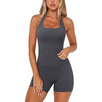 SUUKSESS Women 2 Piece Workout Sets Halter Neck Yoga Tops Gym Biker Shorts | Amazon (US)