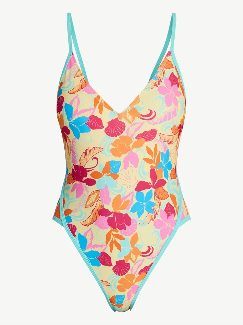 No Boundaries Bright Palms Binded One-Piece Swimsuit, Women's XXS-XXL | Walmart (US)