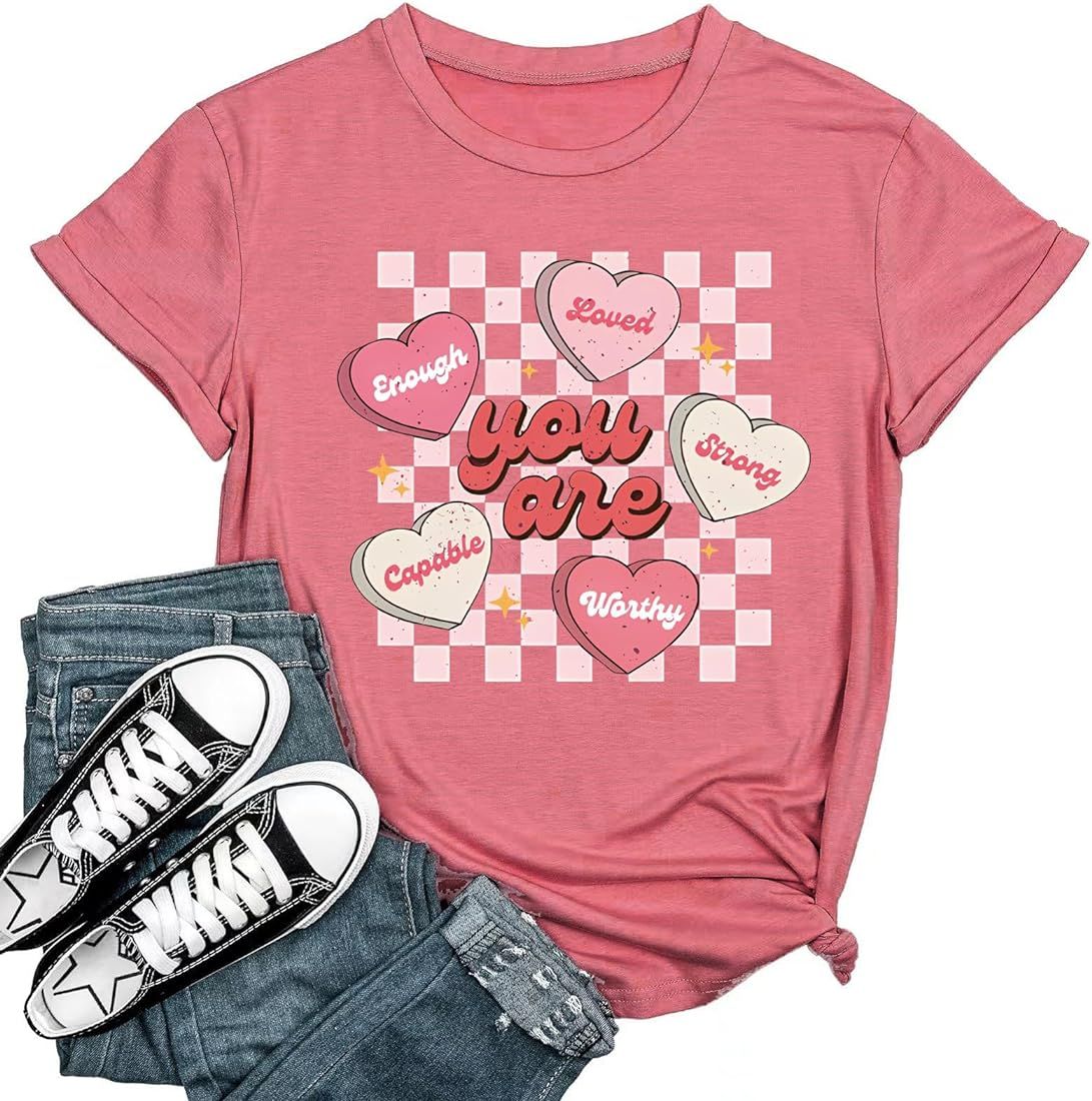 Women's Valentine's Day Shirts Retro Candy Heart Teacher Valentine's Day You are Enough T-Shirt C... | Amazon (US)