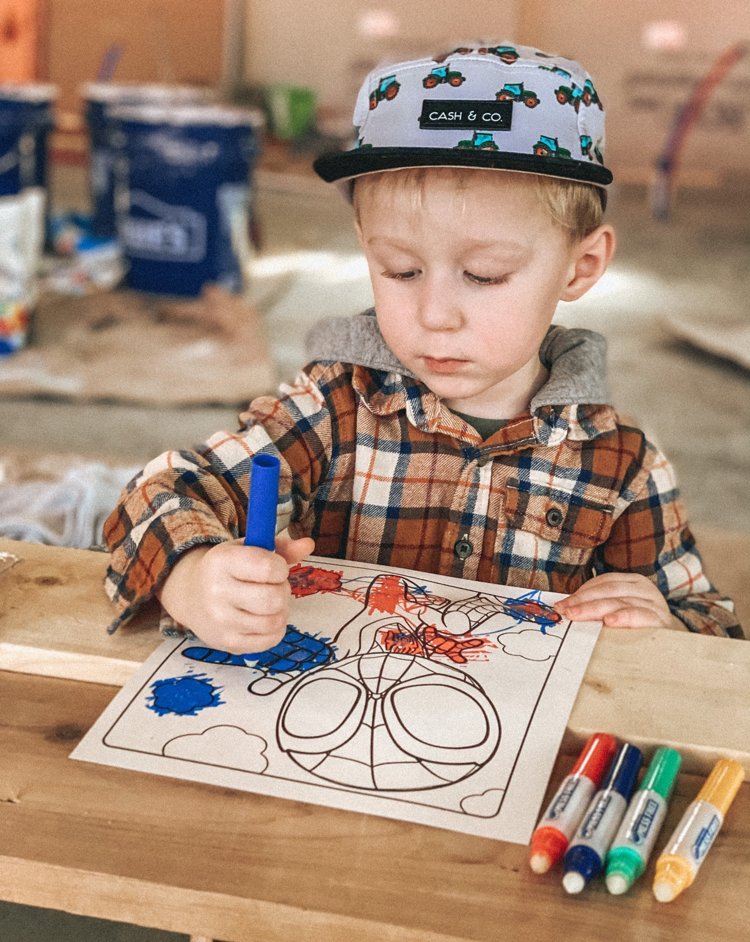Nixon stays busy at the shop while mom & dad work! 🔨 
Toddler activities. Little boy hat. Tractor hats. Kids outfit. Kids coloring. Crayola color wow. Toddler art supplies. Mess free.

#LTKbaby #LTKkids #LTKFind