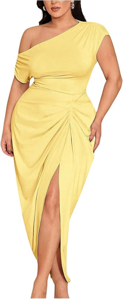 Floerns Women's Plus Size Asymmetrical Neck Long Dress Ruched Slit Hem Cocktail Dress | Amazon (US)