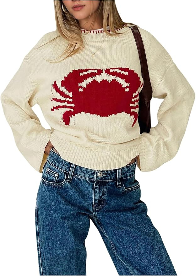 Verdusa Women's Crab Print Oversized Sweaters Y2K Drop Shoulder Pullover Knit Tops | Amazon (US)
