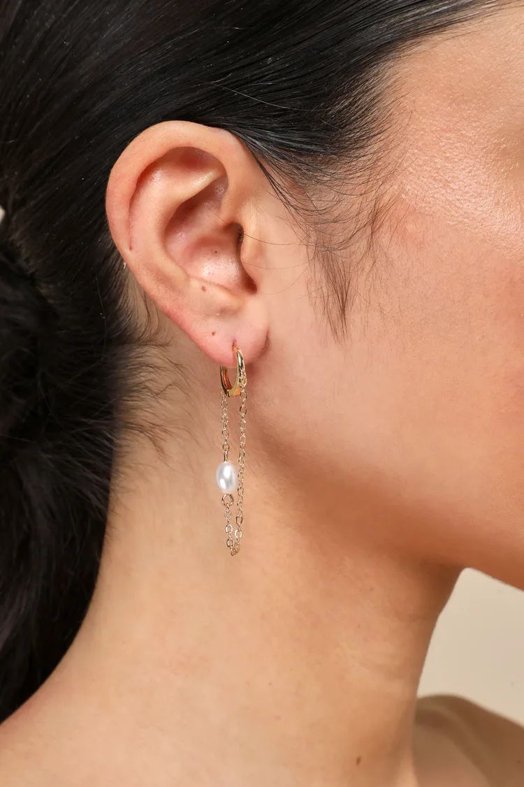 Precious Bliss Gold Pearl Chain Huggie Hoop Earrings | Lulus