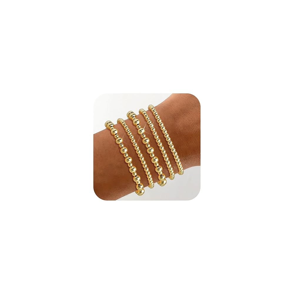 Wowshow Gold Bracelets - 14K Gold Plated Stackable Bead Bracelet Set for Women | Amazon (US)