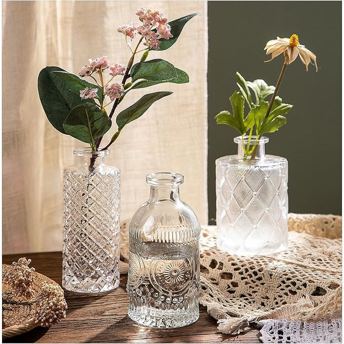 Glass Bud Vase Set of 3, Small Flower Vases for Decorative, Gradient Glass and Embossed Style Min... | Amazon (US)