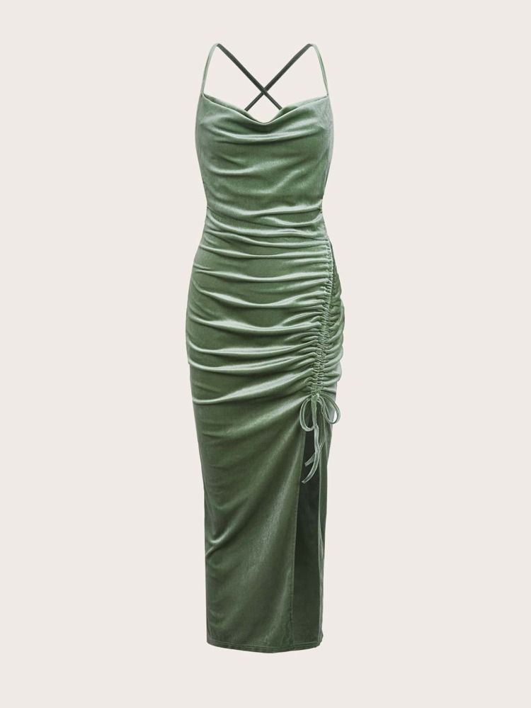 SHEIN Solid Drawstring Ruched Velvet Dress | SHEIN