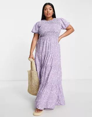 Missguided Plus animal print tiered maxi dress with shirred bodice in lilac | ASOS (Global)