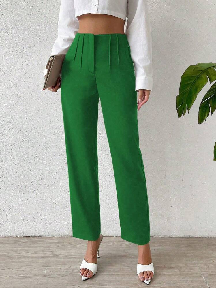 Chiquease Women's Solid Color Pleated Casual Work Pants | SHEIN