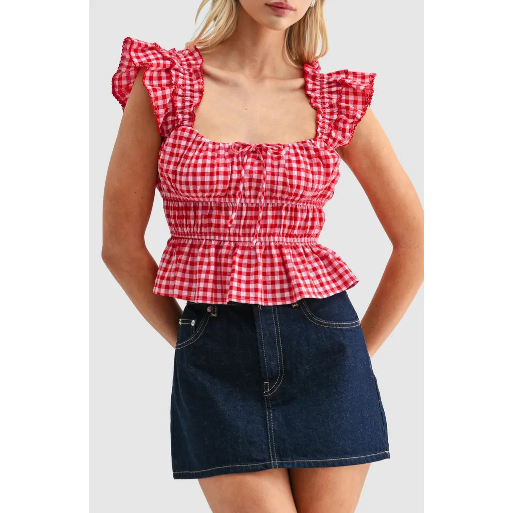 All in Favor Gingham Smocked Bodice Peplum Top in Red Gingham at Nordstrom, Size X-Small | Nordstrom