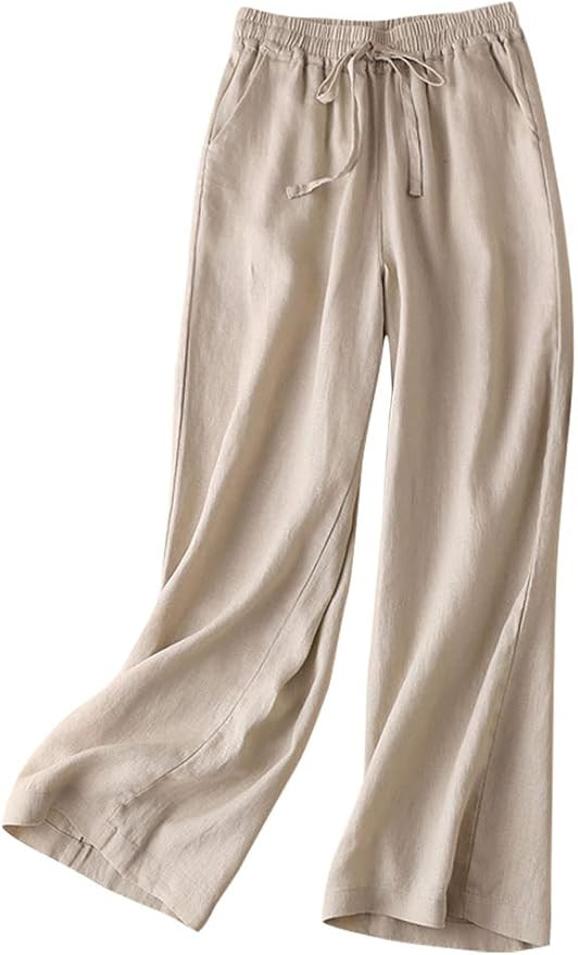 IDEALSANXUN Womens Casual Elastic Waist Cotton Linen Straight Leg Pants Loose Fit Palazzo Pants | Amazon (US)