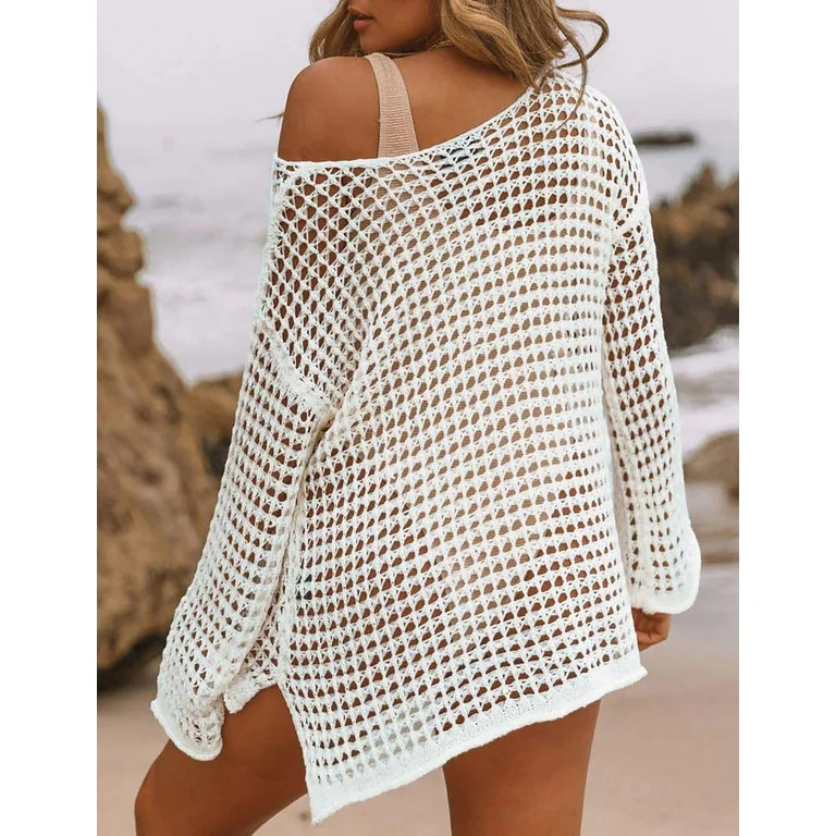 Bsubseach Crochet Cover Ups for Women Sexy Hollow Out Swim Cover Up Knit Summer Outfits White | Walmart (US)