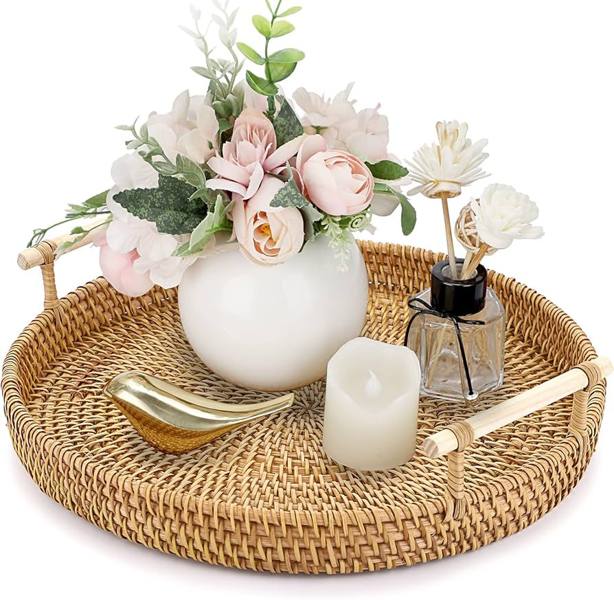 Hipiwe Round Rattan Serving Tray with Handles Wicker Tray Coffee Table Decorative Tray Hand Woven... | Amazon (US)