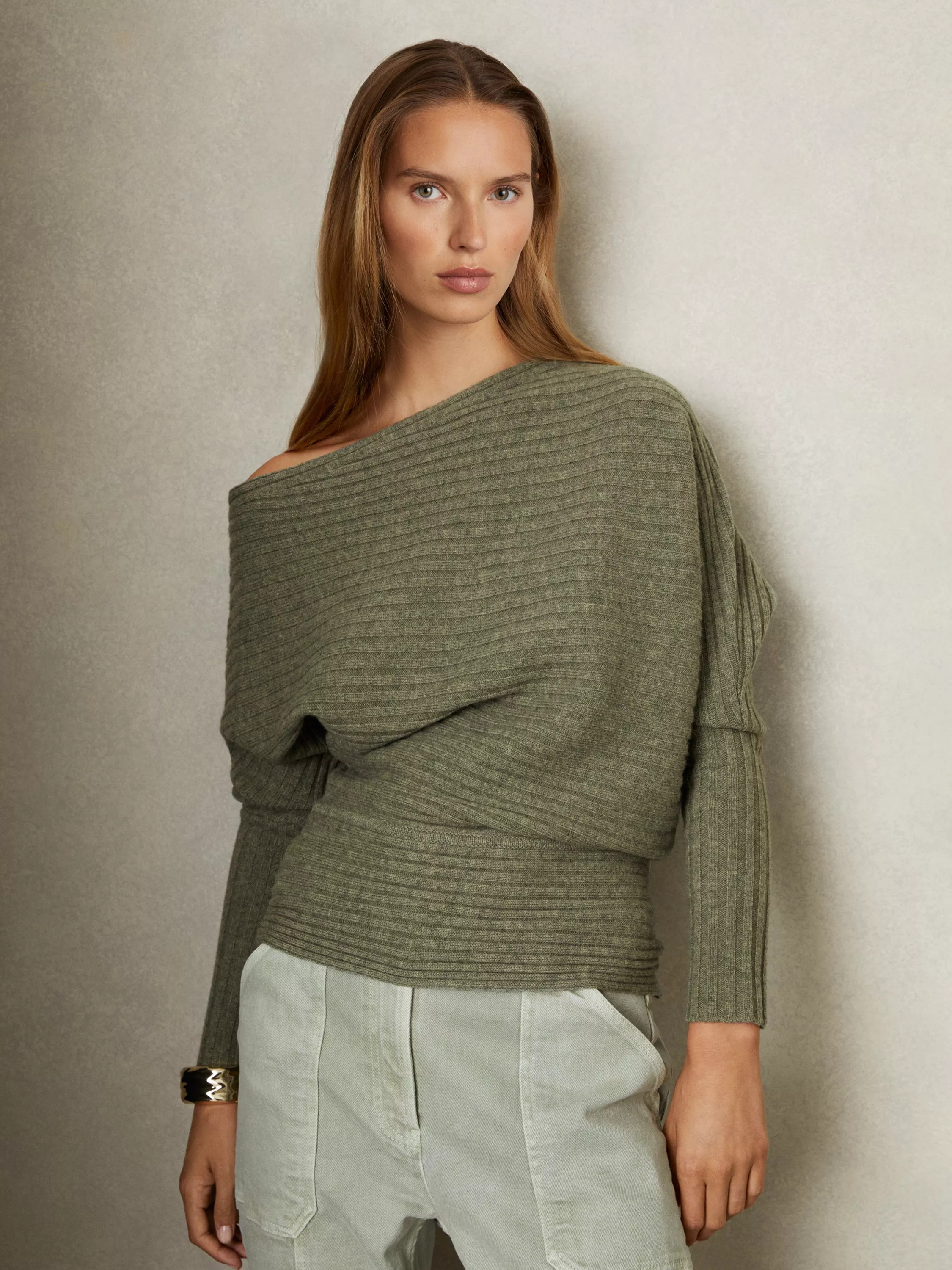 ReissNelly Wool Cashmere Off-The-Shoulder Draped Ribbed Jumper | John Lewis (UK)