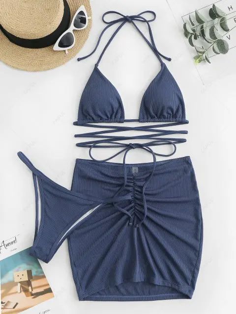 ZAFUL Tie-around Criss Cross Ribbed Three Piece String Bikini Swimwear | ZAFUL (Global)