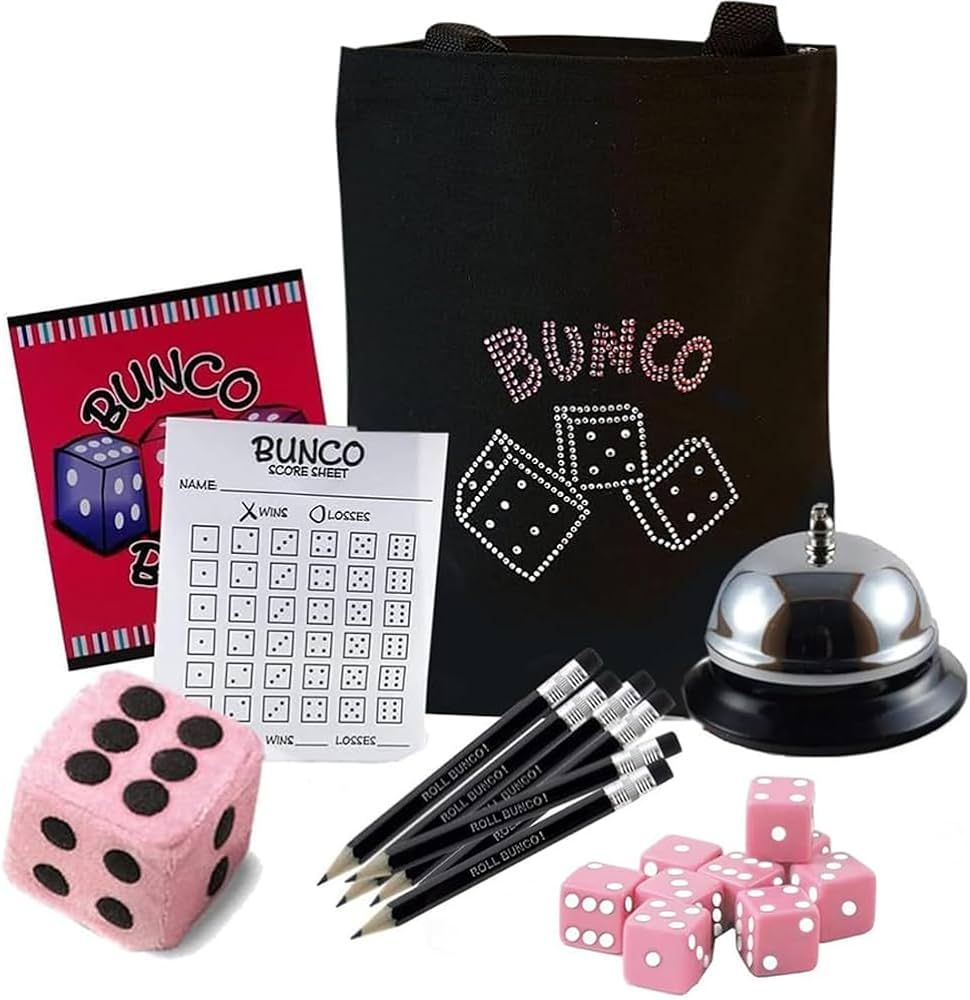 Bunco Game Kit with Crystal Tote Bag - Includes 9 Pink Dice, Bunco Score Sheets, Pencils, Bell, &... | Amazon (US)