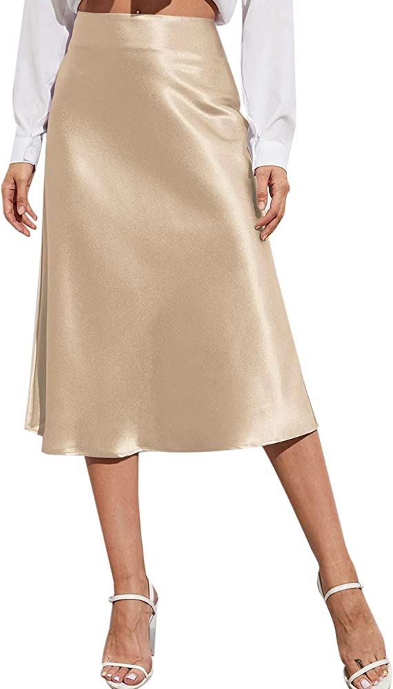 Zeagoo Womens Midi Skirt High Waisted Solid Satin Dress Zipper Elegant Work Skirts | Amazon (US)