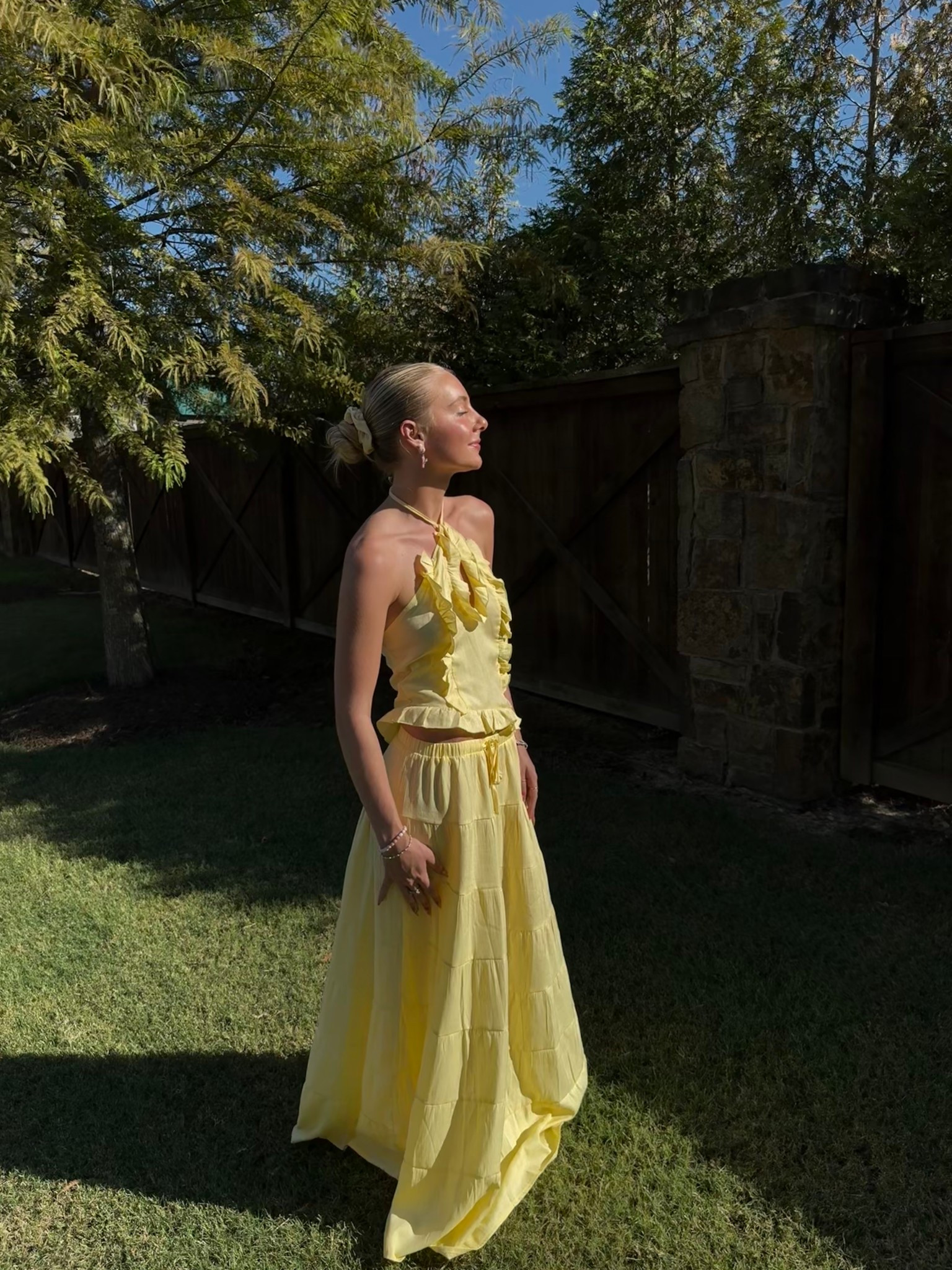 yellow ruffle halter neck and matching maxi skirt set | amazon find 