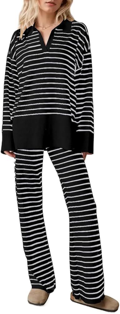 Women 2 Piece Outfits Lounge Set Stripe Long Sleeve Sweatshirt Pants Set Loose Sweatshirt High Wa... | Amazon (US)