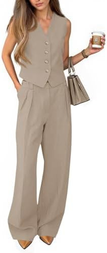 Cicy Bell Women's 2 Piece Outfits V Neck Pants Sets Crop Vest Blazer and Wide Leg Suit | Amazon (US)