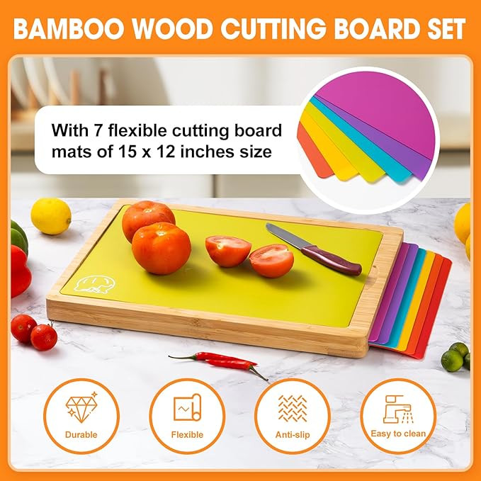 Bamboo Wood Cutting Board Set with 7 Flexible Cutting Mats with Food Icons, Easy to Clean Cutting... | Amazon (US)