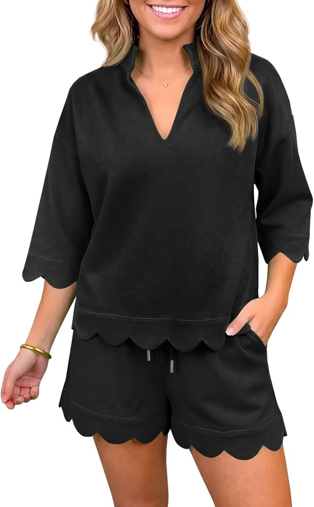 Fisoew Women 2 Piece Shorts Sets 3/4 Sleeve Sweatshirts Casual Lounge Sets | Amazon (US)