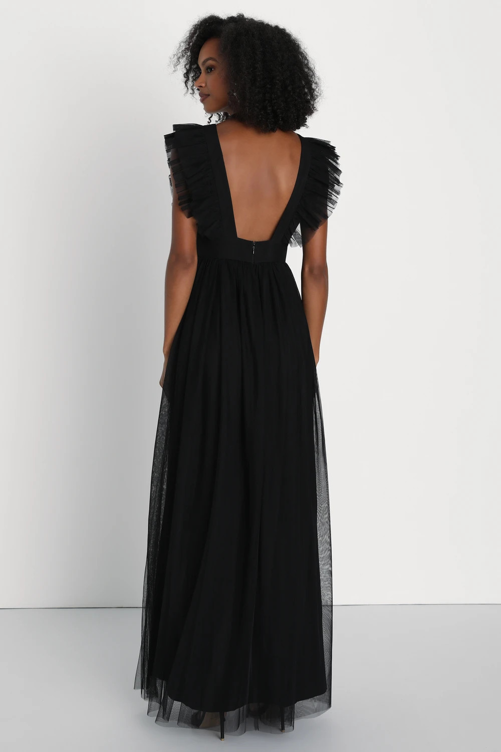 Simply Delighted Black Mesh Ruffled Backless Maxi Dress | Lulus