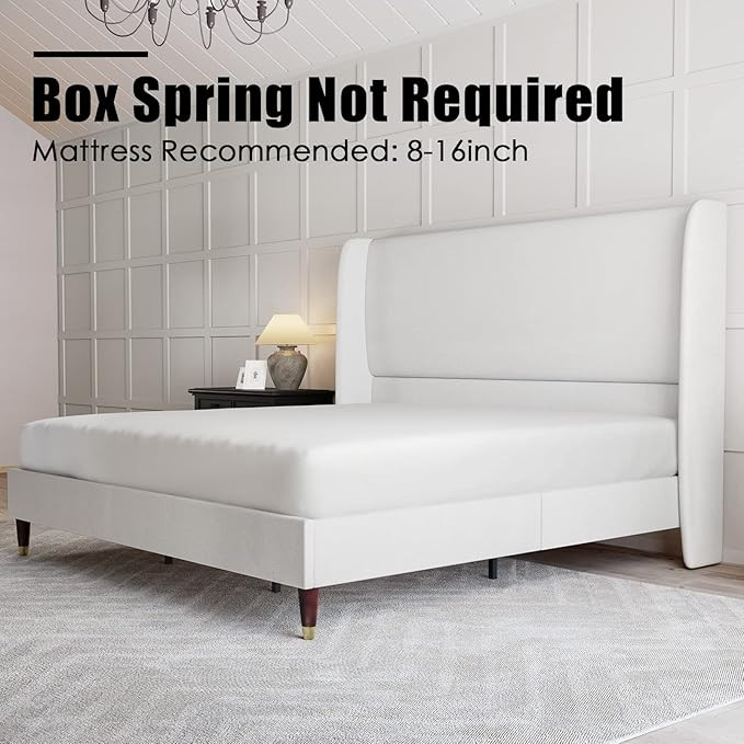King Platform Bed Frame 51.2" High Headboard Tall Upholstered Bed/No Box Spring Required/Wood Sla... | Amazon (US)