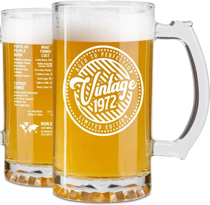 50th Birthday Gift For Men and Women - 1972 Vintage 25 oz Beer Stein Glass - Birthday Glass For 5... | Amazon (US)