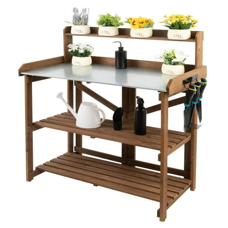 PETSCOSSET Outdoor Wooden Folding Potting Bench Table, Fir Wood Garden Workstation with Galvanize... | Walmart (US)
