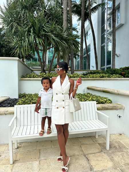 All white summer outfit for lady and toddler boy. Oso and me, Veronica beard, loeffler Randall 