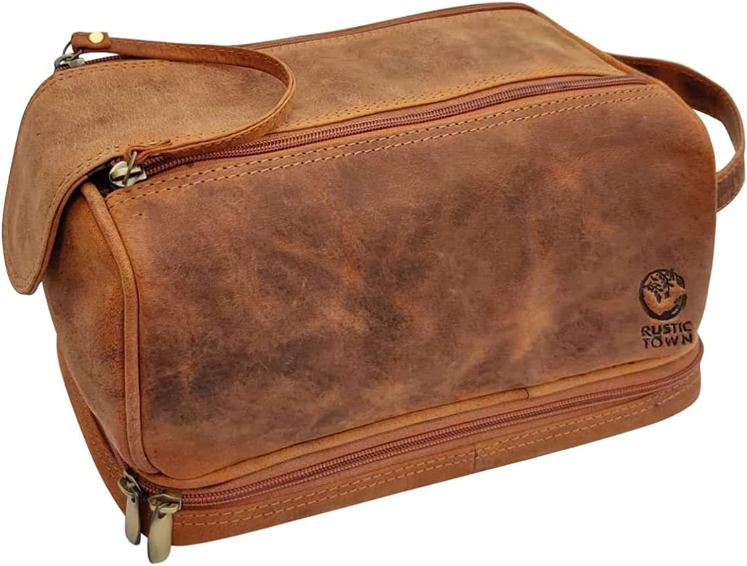 Genuine Leather Travel Toiletry Bag - Dopp Kit Organizer By Rustic Town (Brown) | Amazon (US)