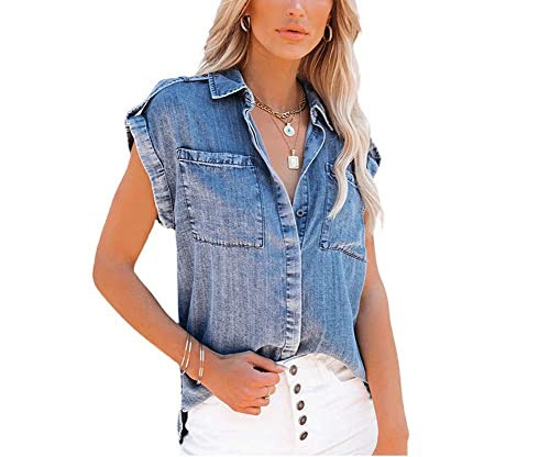 chouyatou Women's Casual Distressed Button Down Sleeveless Denim Jean Shirt Tops (Medium, Blue) | Amazon (US)