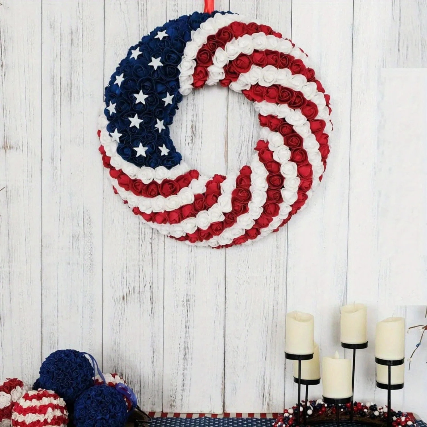 15.7Inch Patriotic Roses Wreath, 4th of July Summer Soft Touch Foam Roses Wreath for The Front Do... | Wayfair North America